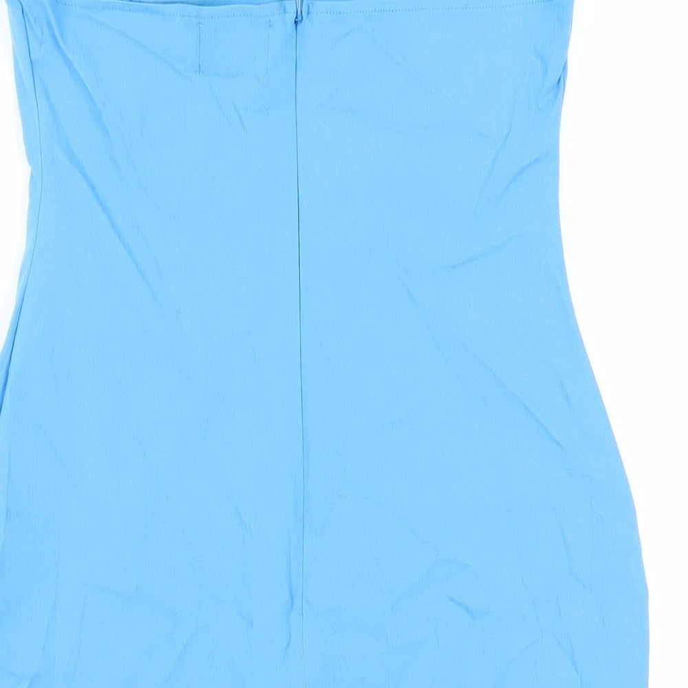 Brand and care label for ASOS women’s blue viscose mini, size UK 10, square neck zip - strapless