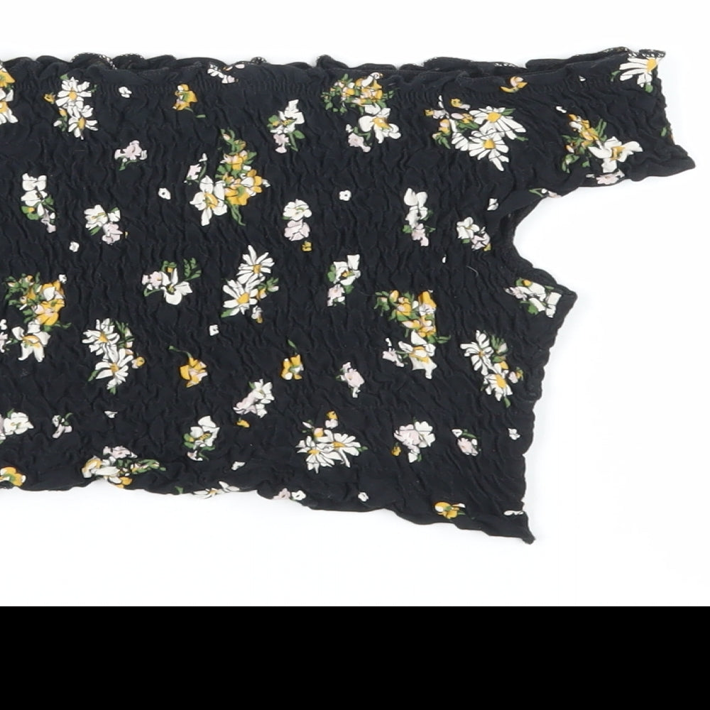 Brand and care label for Miss Selfridge women’s black floral cotton cropped tank, size UK 8, off the shoulder - shirred