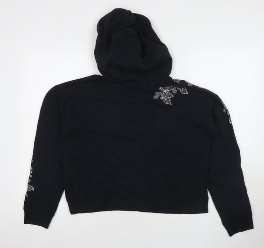 Jack Wills Womens Black Cotton Pullover Hoodie Size 12 Pullover - Embraided Flowers