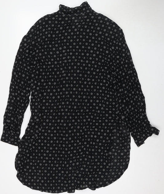 Nipon Studios Womens Black Geometric Polyester Shirt Dress Size 14 V-Neck Button - Side Slit(s)