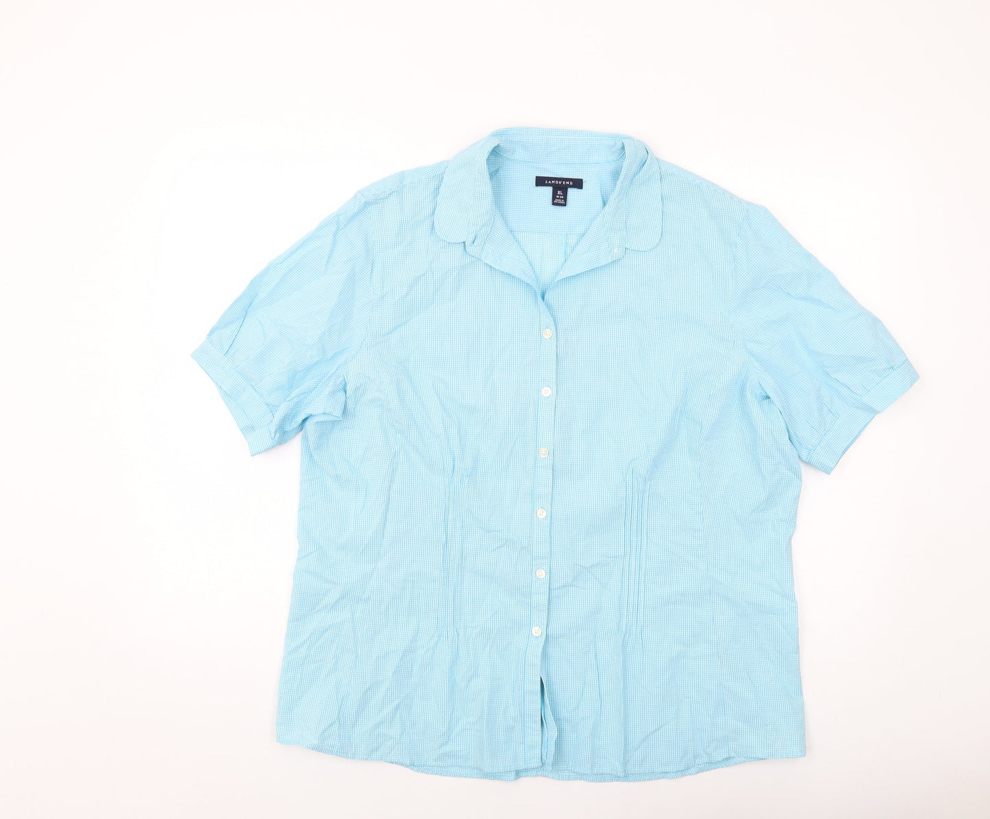 Lands' End Womens Blue Check Cotton Basic Button-Up Size 18 Collared