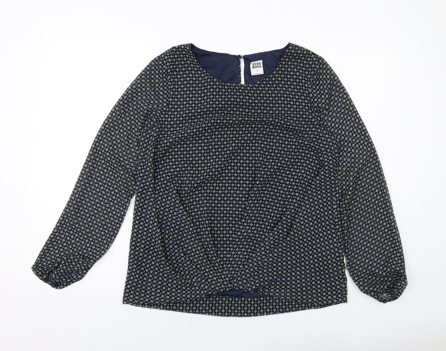 VERO MODA Womens Blue Geometric Polyester Basic Blouse Size M Round Neck