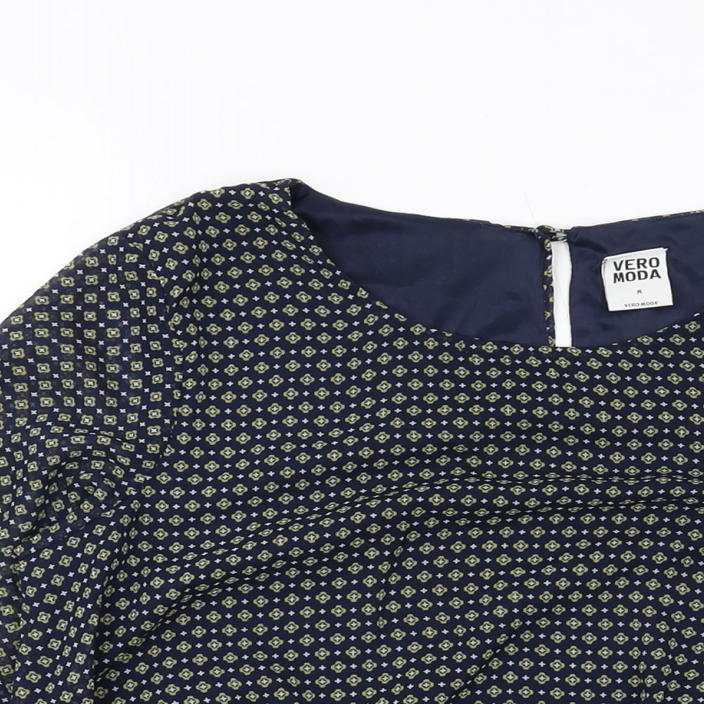 VERO MODA Womens Blue Geometric Polyester Basic Blouse Size M Round Neck