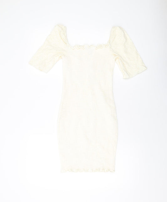 H&M Womens Ivory Cotton Bodycon Size 12 Square Neck Pullover
