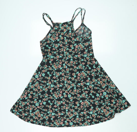 Topshop Womens Black Floral Polyester A-Line Size 10 Scoop Neck Button