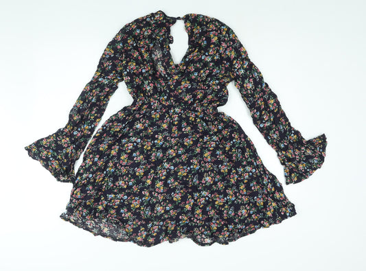 Kiss the Sky Womens Black Floral Viscose A-Line Size S V-Neck Button - Frill