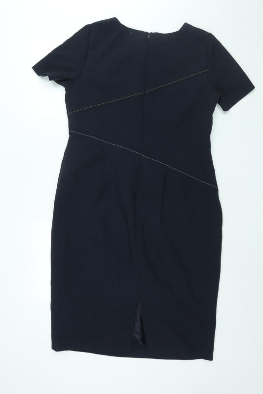 Marks and Spencer Womens Blue Polyester Shift Size 16 Round Neck Zip - Stitch Detail