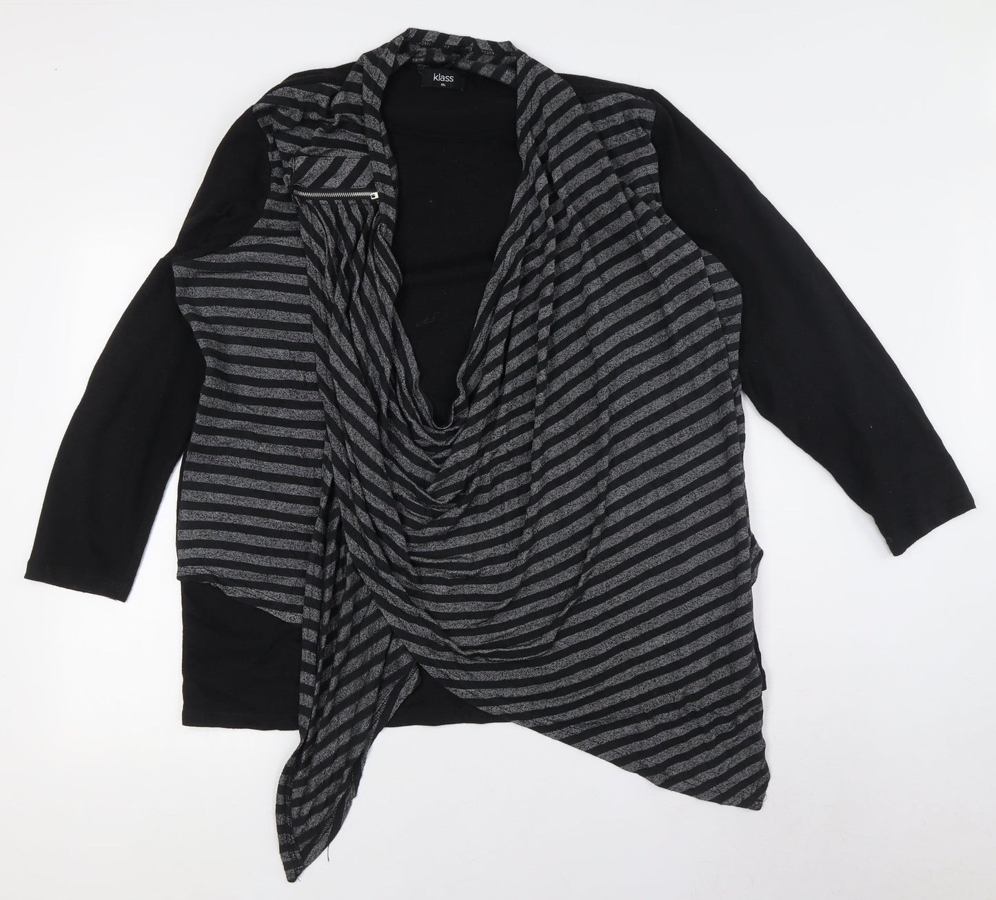 Klass Womens Black Striped Polyester Basic Button-Up Size 2XL Round Neck