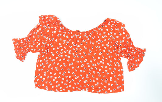 Ganni Womens Red Floral Viscose Basic Blouse Size 14 Off the Shoulder - Ruffle