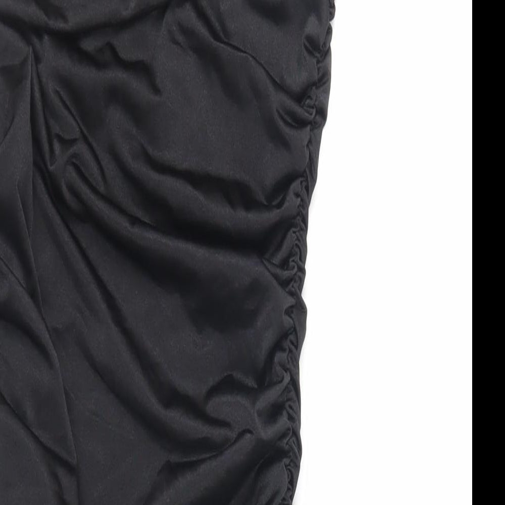 Brand and care label for Missguided women’s black polyester bodycon, size UK 10, off the shoulder pullover - ruched strapless