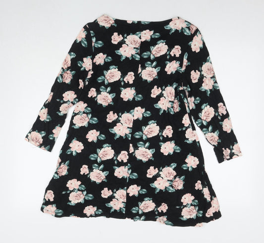 Marks and Spencer Womens Black Floral Viscose Fit & Flare Size 14 Round Neck Pullover