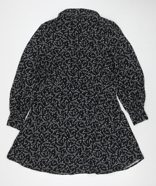 Marks and Spencer Womens Black Floral Polyester Fit & Flare Size 12 Collared Button