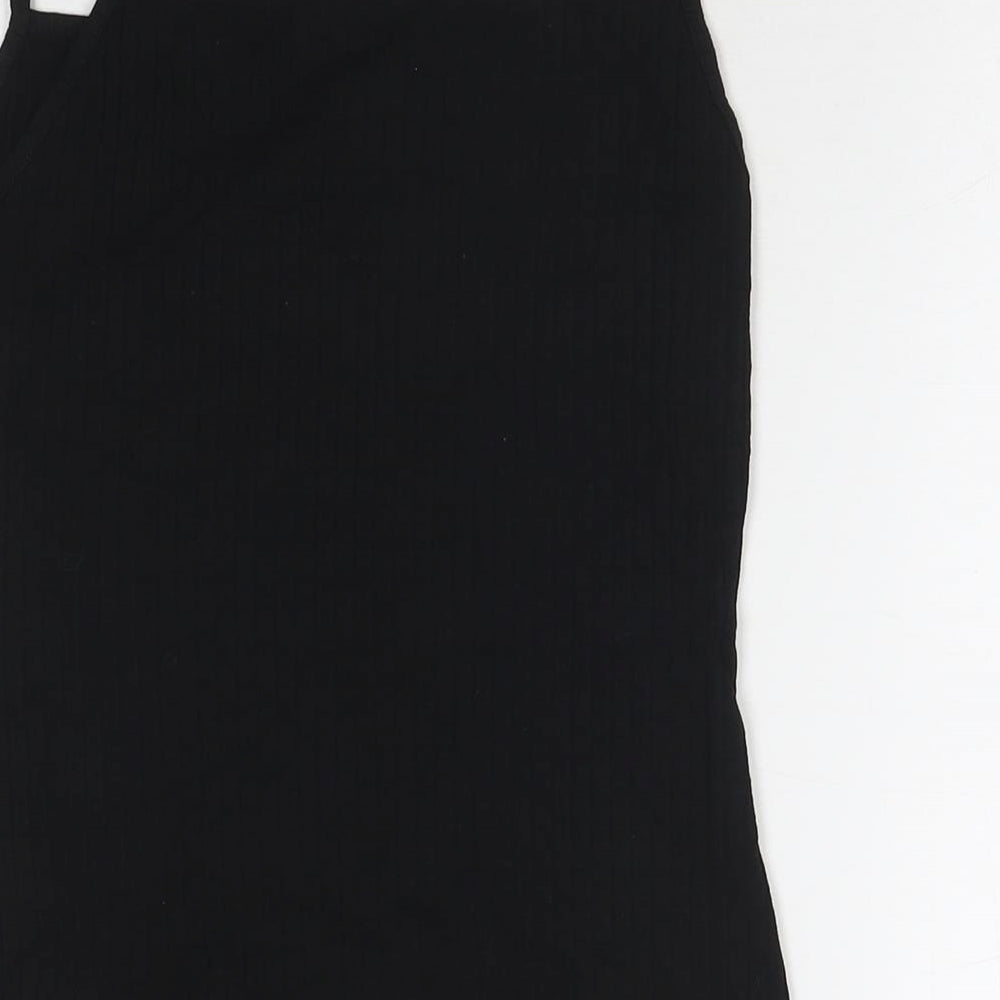 Brand and care label for ASOS women’s black polyester basic tank, size UK 6, round neck