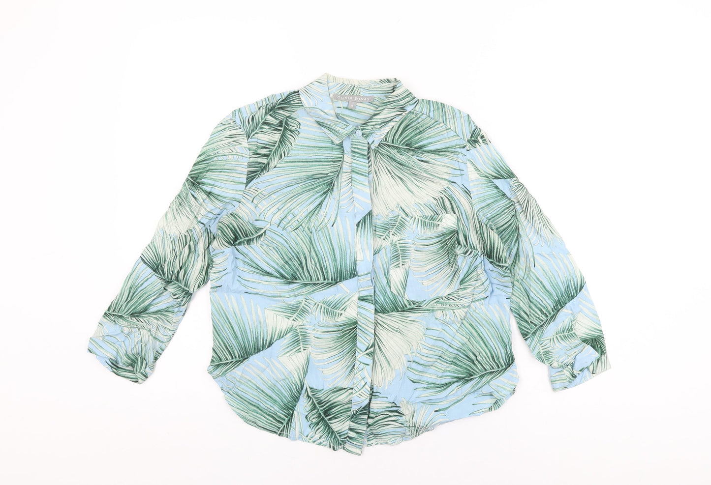 Oliver Bonas Womens Blue Geometric Viscose Basic Button-Up Size 8 Collared