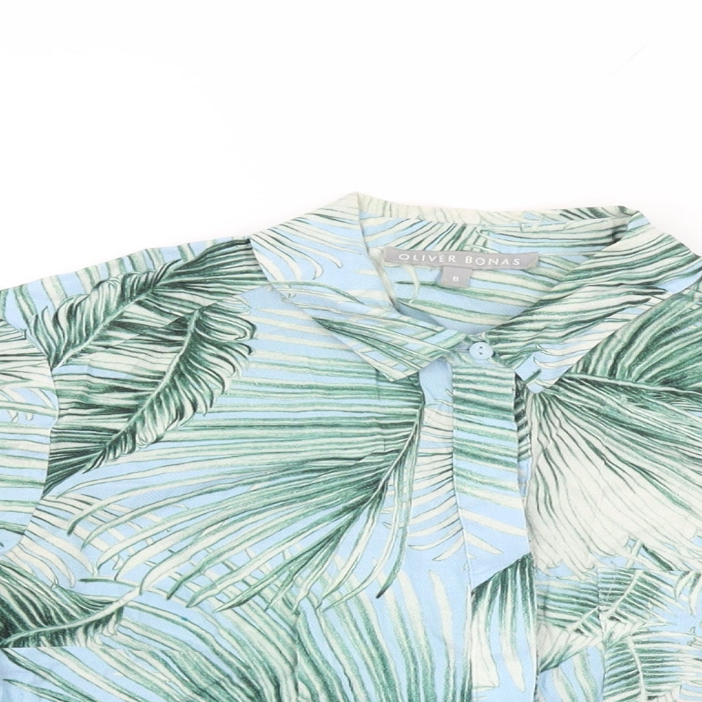 Oliver Bonas Womens Blue Geometric Viscose Basic Button-Up Size 8 Collared