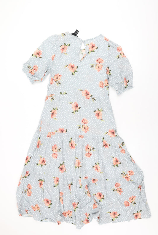 New Look Womens Blue Floral Viscose A-Line Size 8 Round Neck Button
