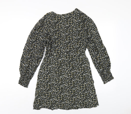 Missguided Womens Black Floral Viscose A-Line Size 8 V-Neck Zip