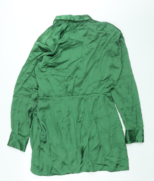 Zara Womens Green Polyester Shirt Dress Size XL Collared Zip - Rouched Button