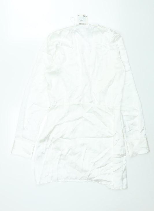 Zara Womens White Polyester Shift Size M V-Neck Zip - Rouched