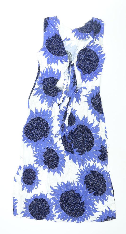Warehouse Womens Blue Floral Viscose Shift Size 12 Round Neck Tie