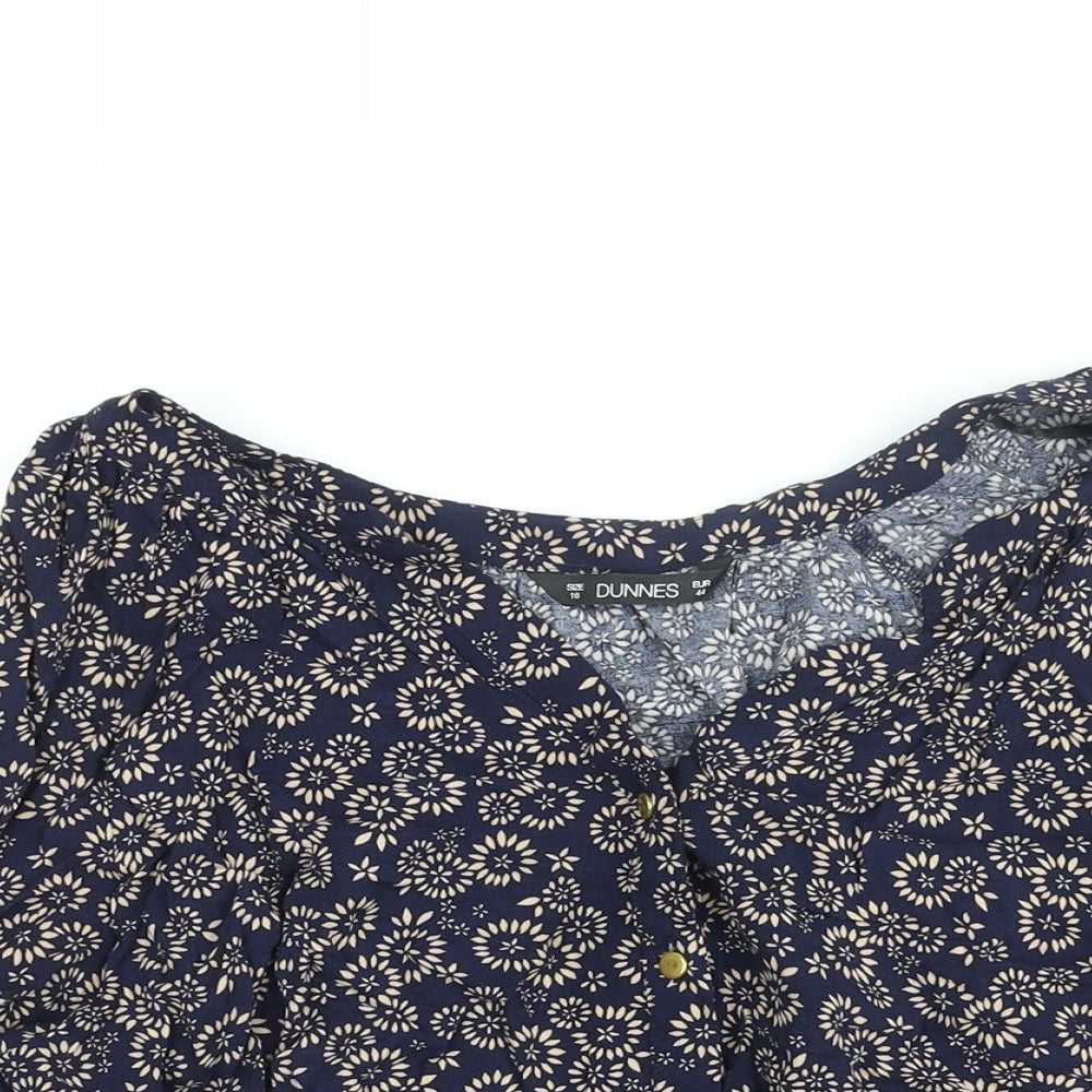 Dunnes Stores Womens Blue Geometric Viscose Basic Blouse Size 16 V-Neck