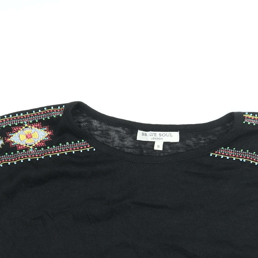 Brave Soul Womens Black Polyester Basic Blouse Size S Round Neck - Embroidered