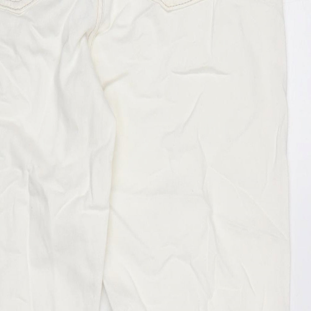 Brand and care label for ASOS women’s ivory cotton straight jeans, size UK 10, 29-inch leg regular button