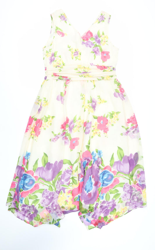Pomodoro Womens Ivory Floral Polyester Fit & Flare Size 12 V-Neck Zip - Lined