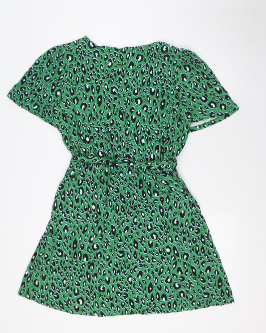 &et Womens Green Animal Print Viscose A-Line Size 12 V-Neck