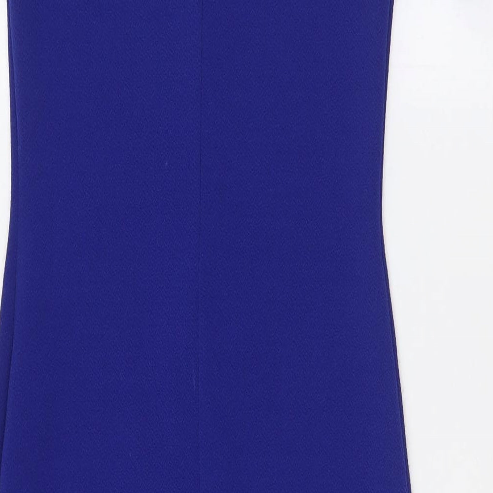 Brand and care label for Miss Selfridge women’s blue polyester a-line, size UK 8, scoop neck - cold shoulder