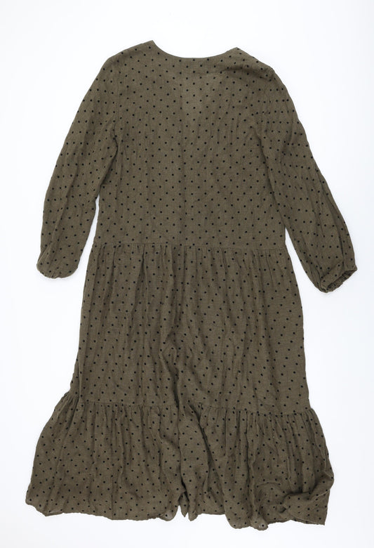 Zara Womens Green Polka Dot Polyester Shift Size S V-Neck Pullover