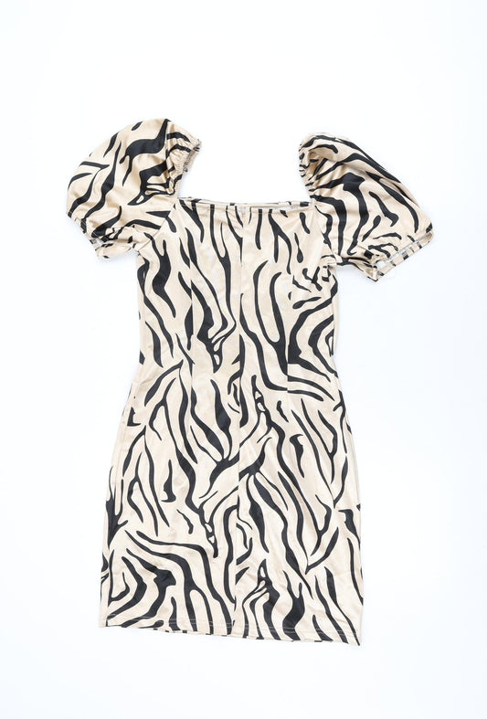Quiz Womens Beige Animal Print Polyester Bodycon Size 10 Square Neck Zip