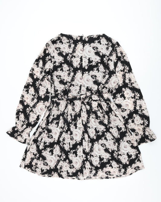 Goldkid Womens Black Floral Polyester Skater Dress Size 12 Round Neck Zip