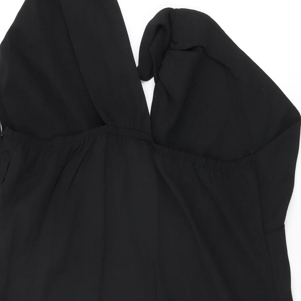 Brand and care label for Missguided women’s black polyester shift, size UK 16, one shoulder zip