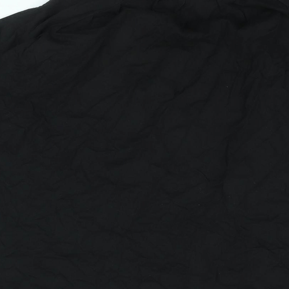 Brand and care label for ASOS women’s black polyester mini, size UK 8, v-neck pullover - cold shoulder