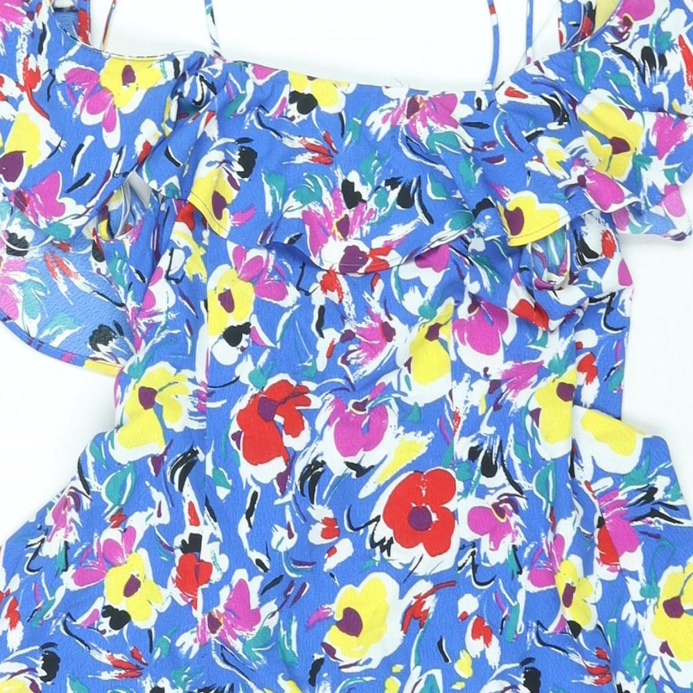 Topshop Womens Blue Floral Polyester Wrap Dress Size 4 V-Neck Button - Frill Cold Shoulder