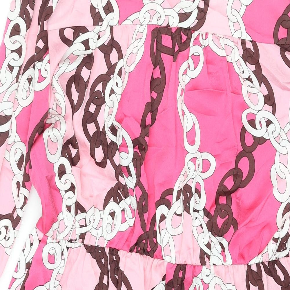 Brand and care label for Dunnes women’s pink geometric polyester shirt dress, collared button - tie detail chain print
