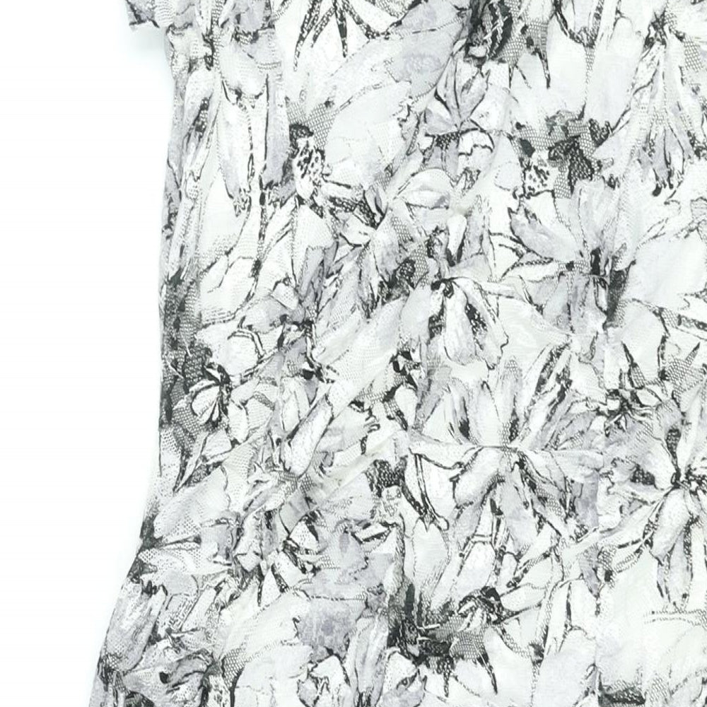 Brand and care label for Roman women’s grey floral polyester bodycon, size UK 12, boat neck pullover - rouched