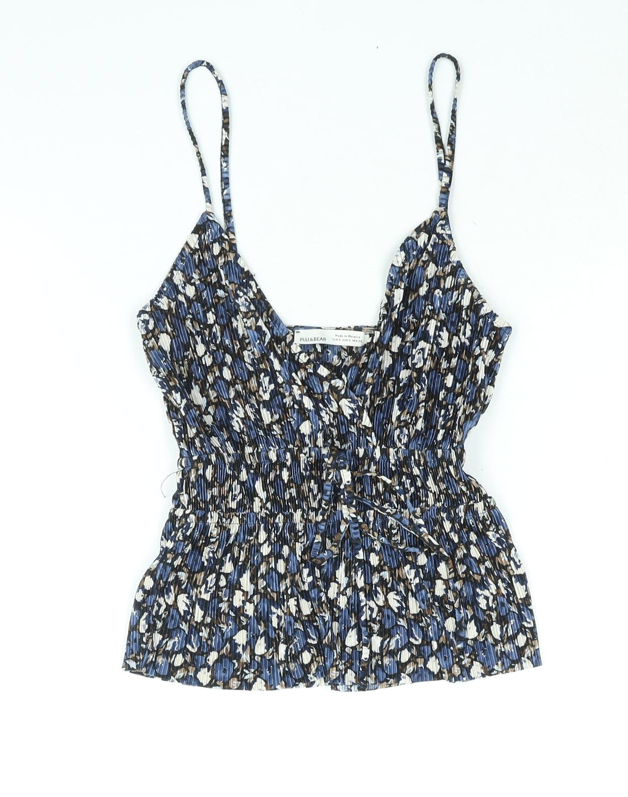 Pull&Bear Womens Blue Geometric Polyester Camisole Blouse Size M V-Neck - Peplum Tie