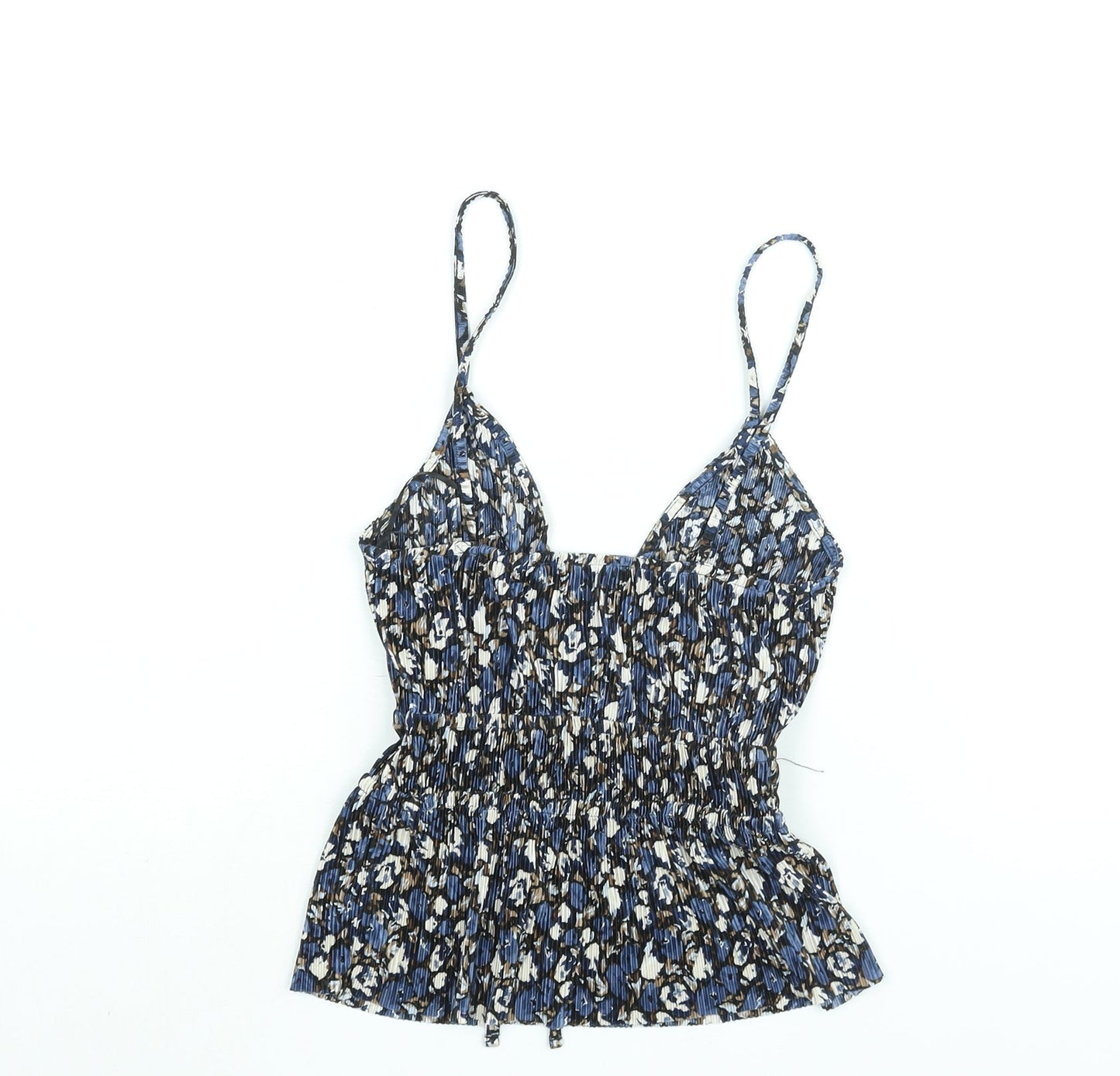 Pull&Bear Womens Blue Geometric Polyester Camisole Blouse Size M V-Neck - Peplum Tie