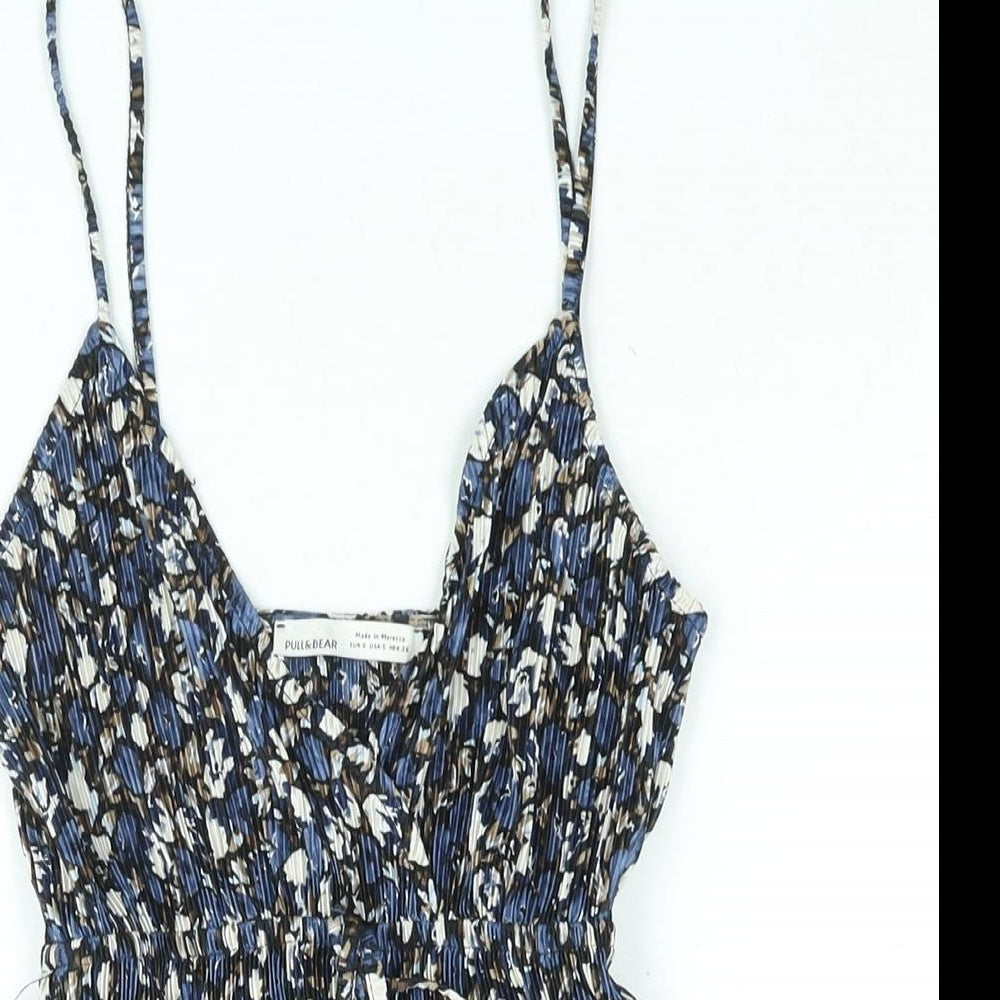 Pull&Bear Womens Blue Geometric Polyester Camisole Blouse Size M V-Neck - Peplum Tie