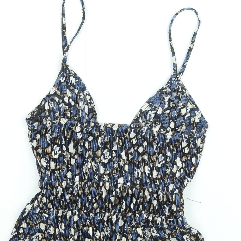 Pull&Bear Womens Blue Geometric Polyester Camisole Blouse Size M V-Neck - Peplum Tie