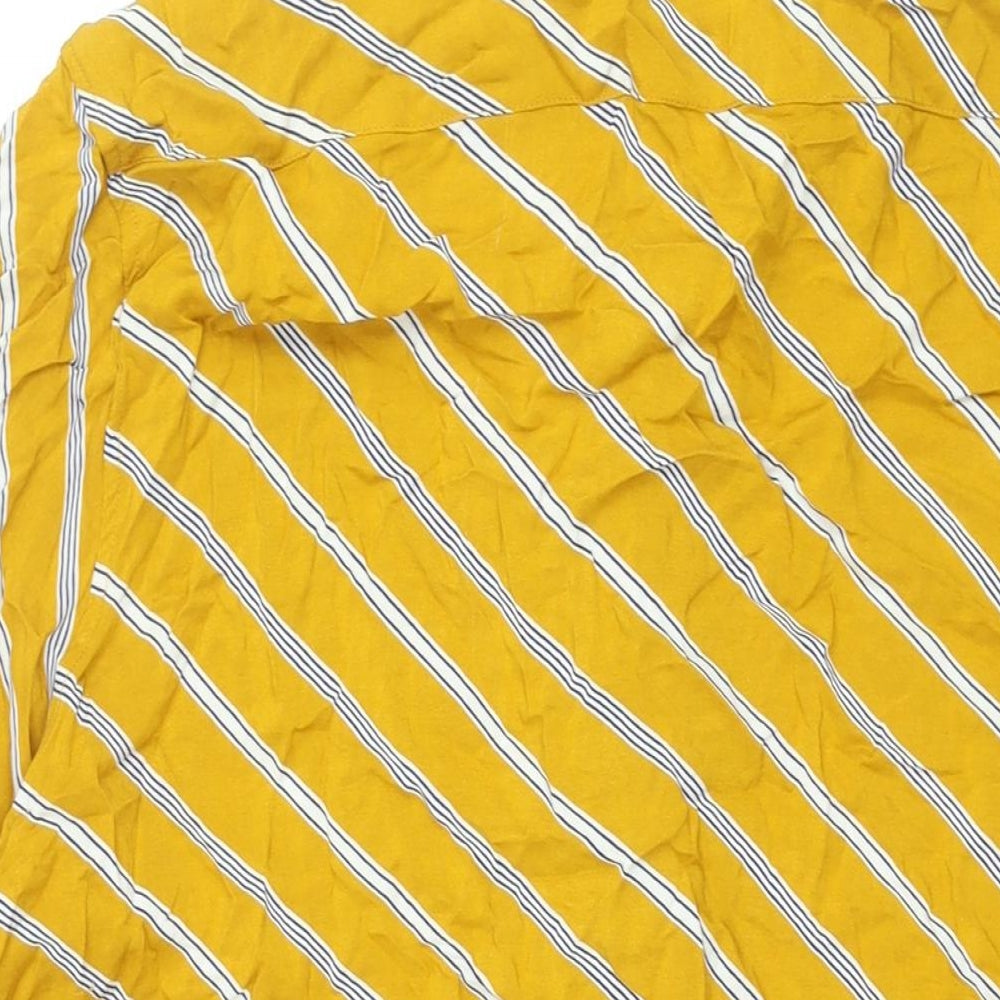 Brand and care label for ASOS men’s yellow striped viscose button-up, size 2XL, collared button