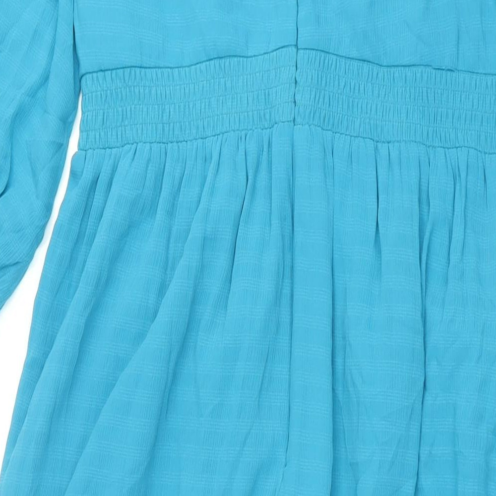 Brand and care label for French Connection women’s blue polyester maxi, size M, v-neck zip