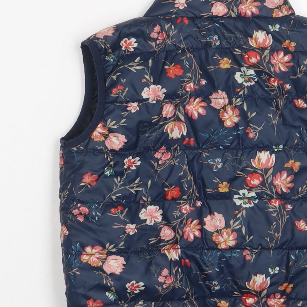 Brand and care label for NAME IT girls’ blue floral gilet jacket, size 5, years zip