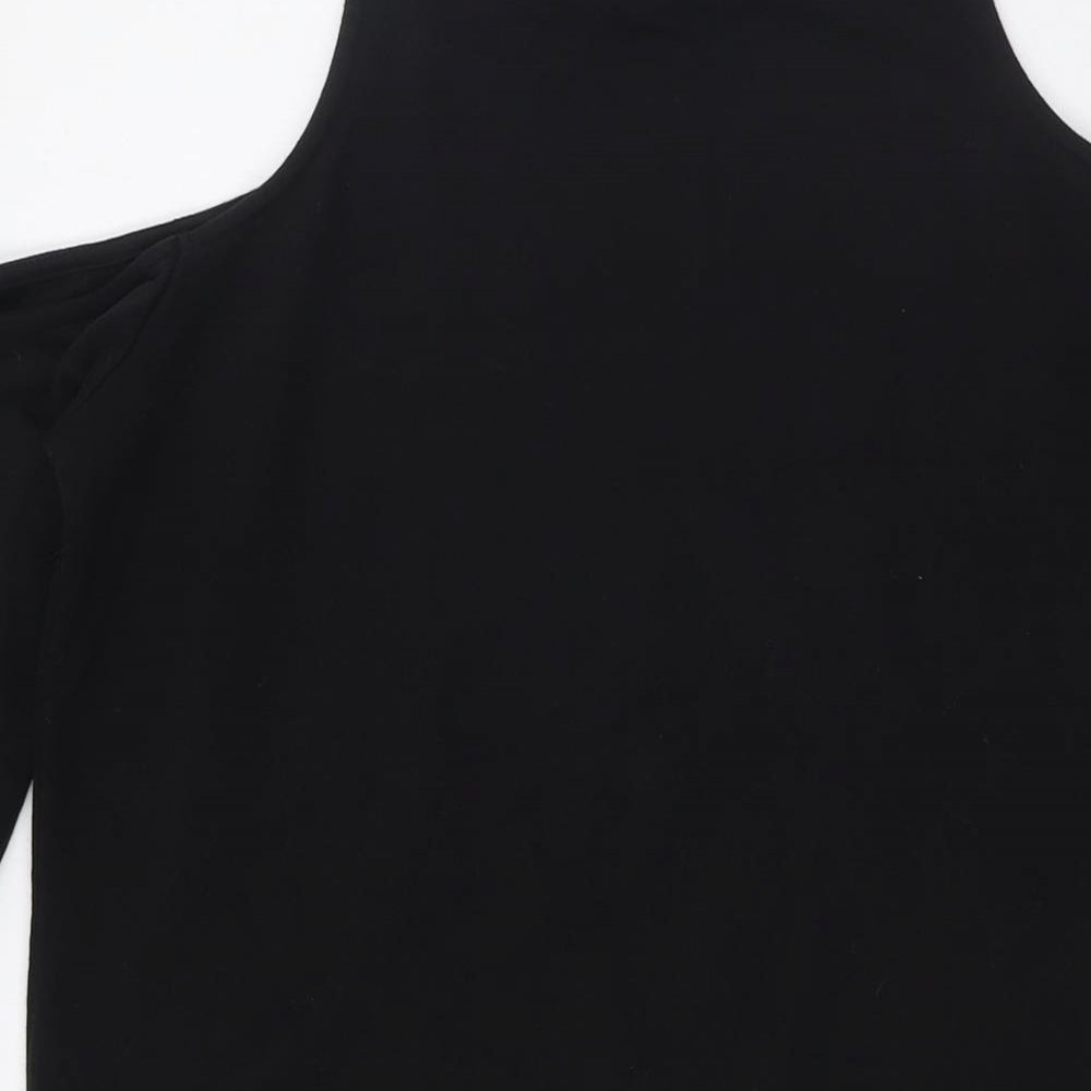 Brand and care label for ASOS women’s black cotton a-line, size UK 8, crew neck - cold shoulder