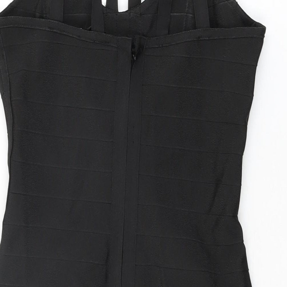 Brand and care label for Missguided women’s black polyester bodycon, size M, v-neck zip