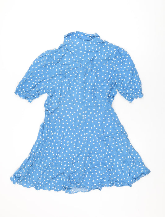 Marks and Spencer Womens Blue Polka Dot Viscose Skater Dress Size 12 Collared Button