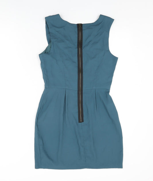 Topshop Womens Blue Polyester Shift Size 10 Round Neck Zip