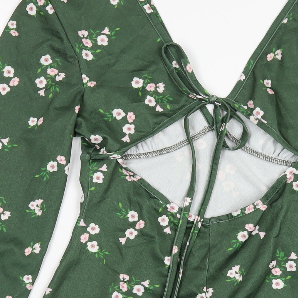 River Island Womens Green Floral Polyester A-Line Size 10 V-Neck Pullover